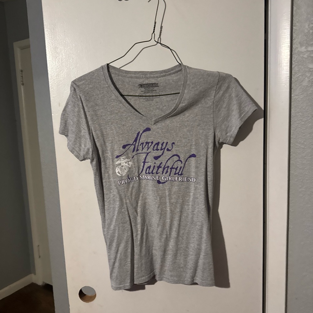 Gray V-Neck Tee with Purple Graphic